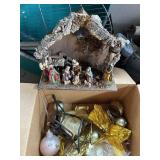 NATIVITY PIECES IN MANGER, CHRISTMAS BALLS AND