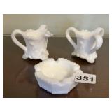 KEMPLE GLASS 3 HANDLED MILK GLASS PIECES, ONE