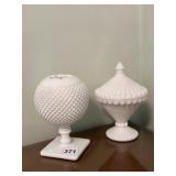 MILK GLASS BALL VASE AND COVERED CANDY DISH