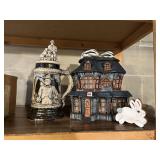 LIGHTED HALLOWEEN CERAMIC HOUSE, STEIN WITH MAN
