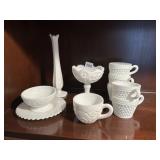 MILK GLASS PUNCH GLASSES, VASE, KEMPLE GLASS