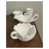 MILK GLASS NAPPY, CREAMER, SOUP CUP