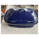 BLUE COVERED CASSEROLE WITH MATCHING HOT PLATE