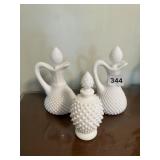 MILK GLASS CRUET SET WITH STOPPERS