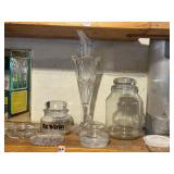 GLASS CANISTERS AND TALL FOOTED VASE