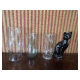 BLACK CERAMIC CAT WITH REPAIRS, GLASS HURRICANE,