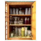 CABINET FULL OF GLASSWARE, TUPPERWARE, PLASTIC
