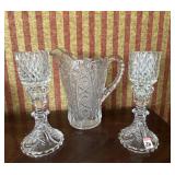 PAIR OF 2 PIECE CANDLE HOLDERS AND GLASS PITCHER