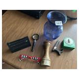 BLUE GLASS VASE, KITCHEN TIMER, PEPPER MILL,