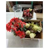 ARTIFICIAL FRUIT, GLASS VASE, WOOD PEDESTAL FRUIT