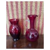 RUBY GLASS VASE AND RUBY GLASS PITCHER WITH CLEAR