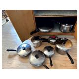 COPPER BOTTOM REVERE WARE POTS AND PANS, 8 TOTAL