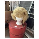 WIG, FOAM HEAD AND WIG BOX, SOMEWHAT TACKY FROM