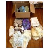 BOX OF DISH TOWELS, WASH CLOTHS, CURTAINS