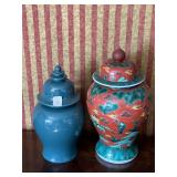 DECORATIVE URNS WITH LIDS, ONE ASIAN THEME, ONE