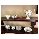 CHINA PIECES WITH VIOLETS, CREAMER BROKEN HANDLE,