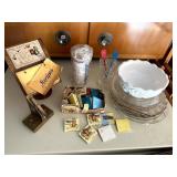 GLASS PLATES, MILK GLASS BOWL, RECIPE HOLDERS,
