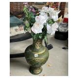 LARGE GREEN/GOLD VASE WITH ARTIFICIAL FLOWERS,