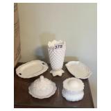 MILK GLASS DRESSER JAR, VASE, LINERS, COVERED