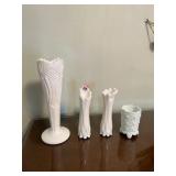 MILK GLASS FOOTED VASE, CANDLE STICK HOLDERS,