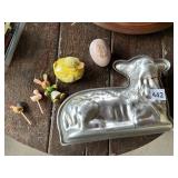 LAMB CAKE MILK, CERAMIC DUCK AND EGG, WOOD BUNNY,