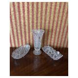 TALL FOOTED VASE AND TWO CELERY SERVERS