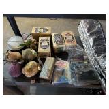 EMPTY WOOD TEA BOXES, BEADED FRUIT, AUDIO