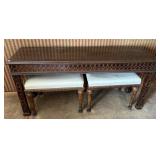 HENREDON LONG VANITY TABLE WITH MATCHING STOOLS,