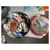 LARGE TIN WITH ALL SORTS OF BUTTONS, CARDED AND