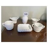 MILK GLASS HOBNAIL SUGAR AND CREAMER, CRUET