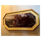 OBLONG OCTAGONAL FRAMED AND MATTED PICNIC SCENE