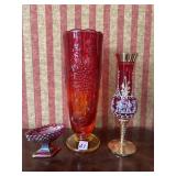 TALL AMBERINA FOOTED VASE WITH GRAPE MOTIF, CHEZ