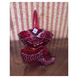 AMBERINA GLASS BASKET AND RUBY HOBNAIL SHOE