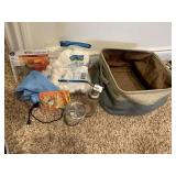 BATHROOM SET AND BASKET, EAR PLUGS ETC.