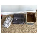 GRAY TOWELS AND ORGANIZER BIN
