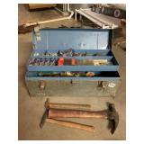 METAL 2 TIER TOOLBOX WITH HAMMERS, HARDWARE,