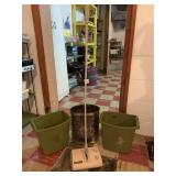 STATIC BROOM, METAL AND 2 PLASTIC WASTE CANS