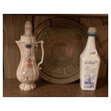EMPTY DECORATIVE LIQUOR BOTTLES AND ETCHED BRASS