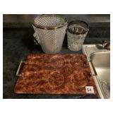 BROWN PADDED SERVING TRAY AND GLASS ICE BUCKETS