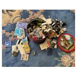 LARGE PA DUTCH TIN FILLED WITH THREAD AND OTHER