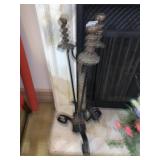 FIREPLACE POKER SET WITH WOOD HANDLES AND BASE