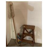 WOOD STEP STOOL, MOP, FULL LIQUID PLUMBER