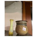 YELLOW GLASS BUD VASE AND HAND THROWN POTTERY