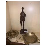 BRASS ASHTRAYS, HAND CARVED WOOD FIGURE