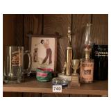 FRAMED CROSS STITCH GOLFER, OIL LAMP FROM OLD