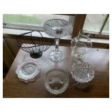 GLASS CANDY DISHES, SILVER PLATE BASKET, PYREX