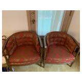 PAIR OF WOOD SIDE ARMCHAIRS WITH GOLD AND RED