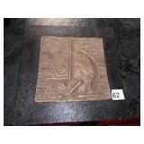 BRONZE ABSTRACT TRIVET MOUNTED ON WOOD, SIGNED,