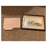 FRAMED SEPIA PHOTO OF OLD HOUSE AND PARTIAL SHEET