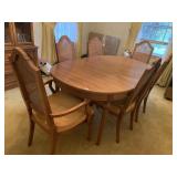 DINING TABLE WITH 6 GOLD VELOUR PADDED SEATS AND